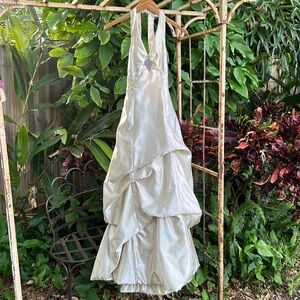 Jessica McClintock Gunne Sax made in USA champagne tiered halter jeweled gown